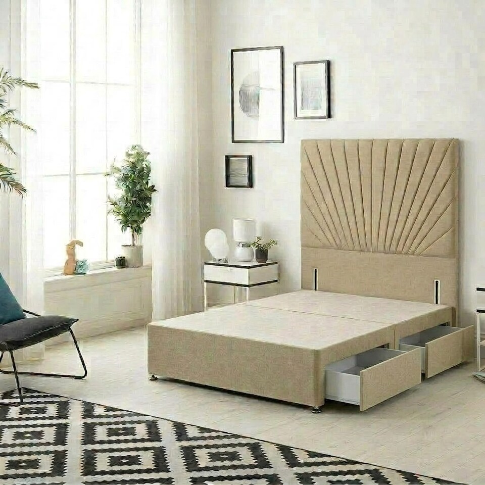image 1 of Sunburst Divan Bed with 2 Drawers & 54'' Floor Standing Headboard Linen Fabric | Brown | Wheat