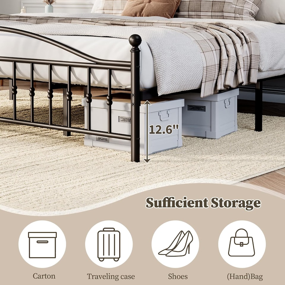 image 1 of London Boutique Double Metal Bed Frame with Anti-Slip High Footboard, 300kg Capacity, Black/195x140cm