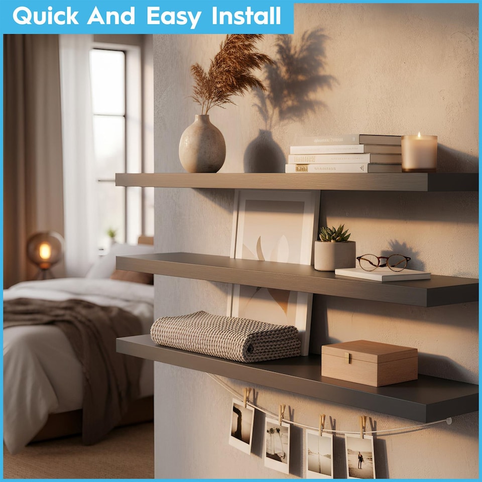 image 1 of Harbour Housewares 100cm Floating Wall Shelf - Photo Gallery Bookshelf Wall Shelves for Storage & Display | Brown | Brown