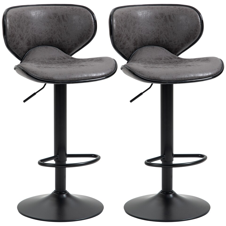 image 1 of HOMCOM Adjustable Bar Stools Set of 2, Swivel Leathaire Upholstered Barstools with Large Seat, Breakfast Bar Chairs with Back, Footrest and Steel Base, Dark Grey