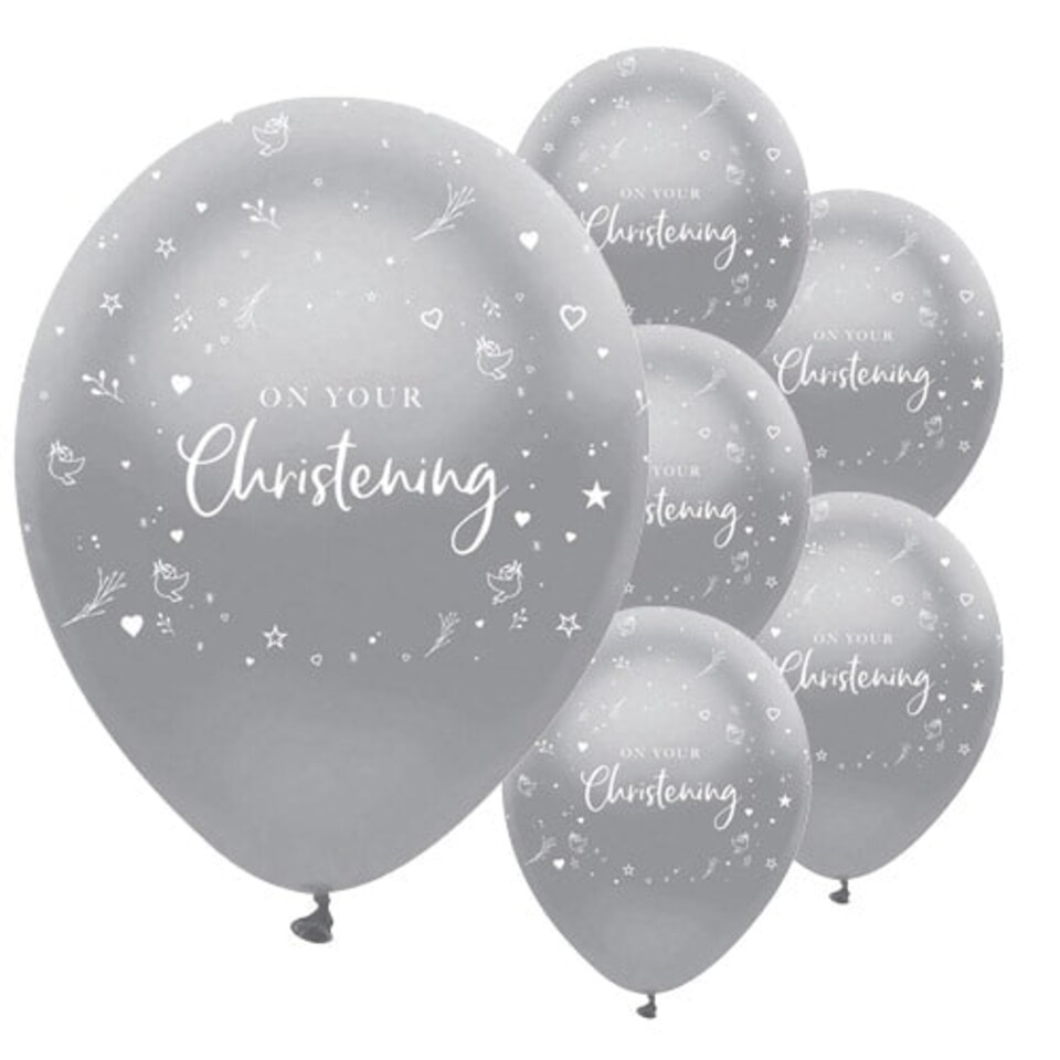 Silver On Your Christening Biodegradable Latex Balloons 30cm / 12 in - Pack of 6