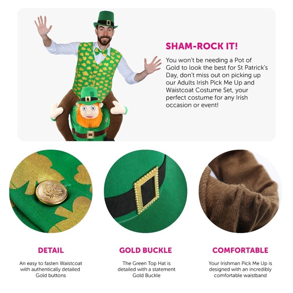 image 1 of Irish Pick Me Up Costume with Waistcoat & Top Hat Green | S