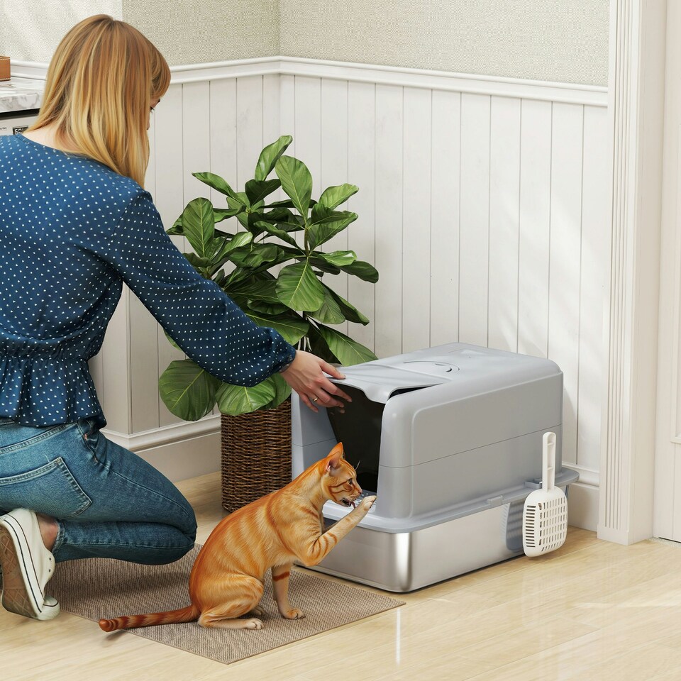 image 1 of PawHut Stainless Steel Cat Litter Box with Removable Lid & Scoop Grey | One Size