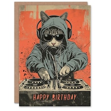 DJ Cat with Hoodie and Sunglasses For Him Birthday Card