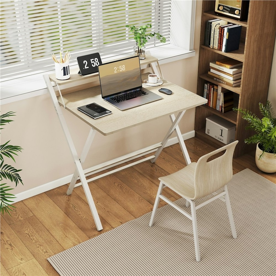 image 1 of Yaheetech 2-Tier Foldable Computer Desk w/ Monitor Shelf