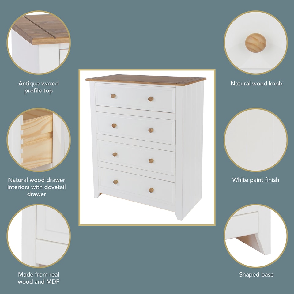 image 1 of Capri 4 Drawer White Chest of Drawers - White Painted Pine Bedroom Storage with Shaker Style Legs | White | White | 1