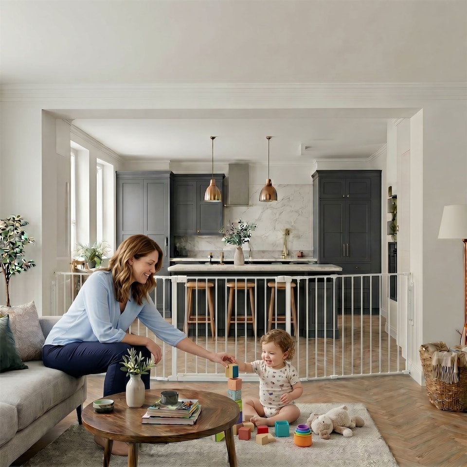 image 1 of Safetots Premium Multi Panel Room Divider, up to 370cm Wide, White, 70cm Tall, Flexible Barrier with Door for Baby and Toddler