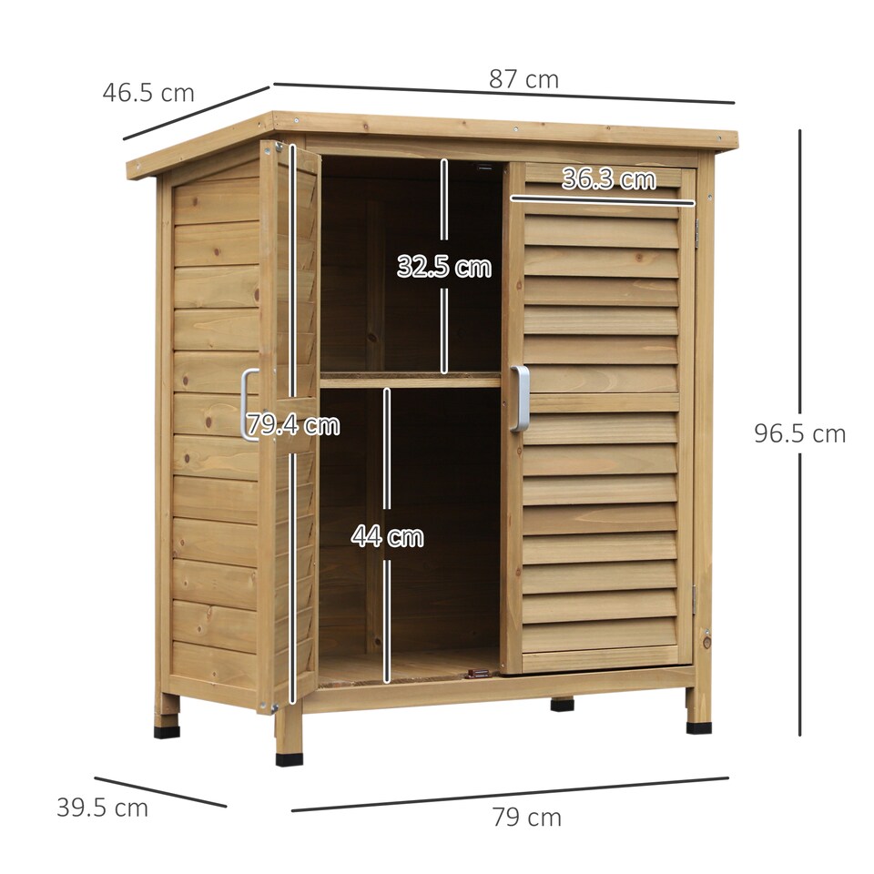 image 1 of Outsunny Garden Shed Wooden Garden Storage Shed 2 Door Unit Solid Fir Wood Garage Tool Organisation Cabinet, 87L x 46.5W x 96.5Hcm, Natural
