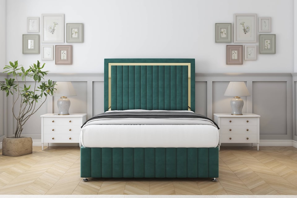 image 1 of Sloomy Boston Gold Emerald Plush Divan Bed Base 2 Drawers Left Side With 54 Inch Floor Standing Headboard & 12 Inch Matching Footboard | Green | Emerald | King | 1