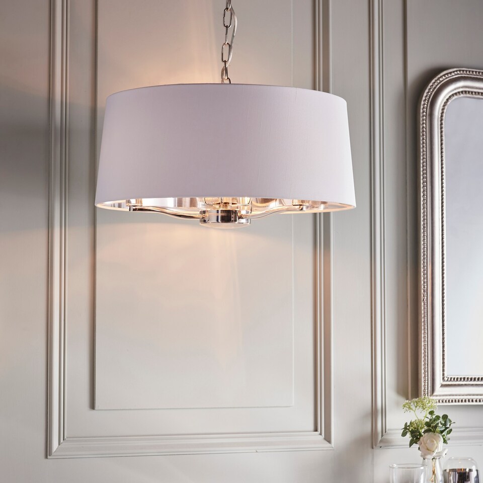 image 1 of Harvey Multi Arm Cylindrical Pendant Light Bright Nickel Plate, Vintage White Fabric
