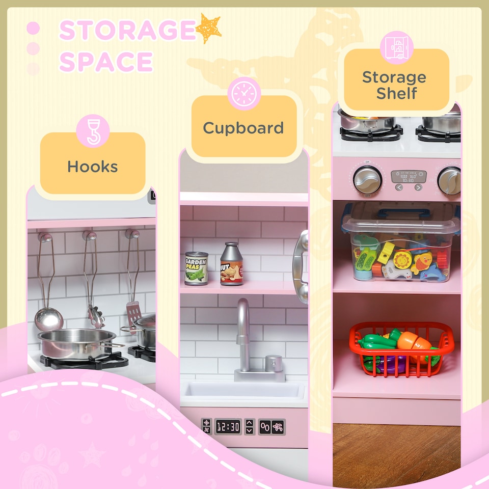 image 1 of AIYAPLAY Play Kitchen, Kids Kitchen Playset Toy with Chalkboard, Toy Phone, Microwave, Ice Maker, Cooking Stoves, Sink, for Boys Girls Ages 3-8 Years, Pink | Pink | Pink