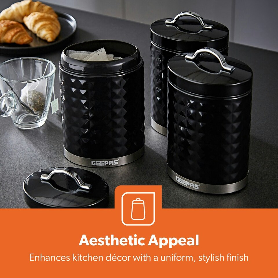 image 1 of GEEPAS 3-Piece Tea Coffee Sugar Canisters Set Black | Black