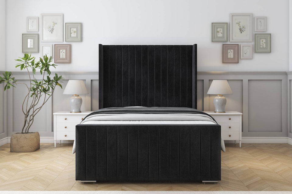 image 1 of Sloomy Marlborough Black Naples Bed Frame With 50"  Upholstered Wingback Headboard 4'6 Double