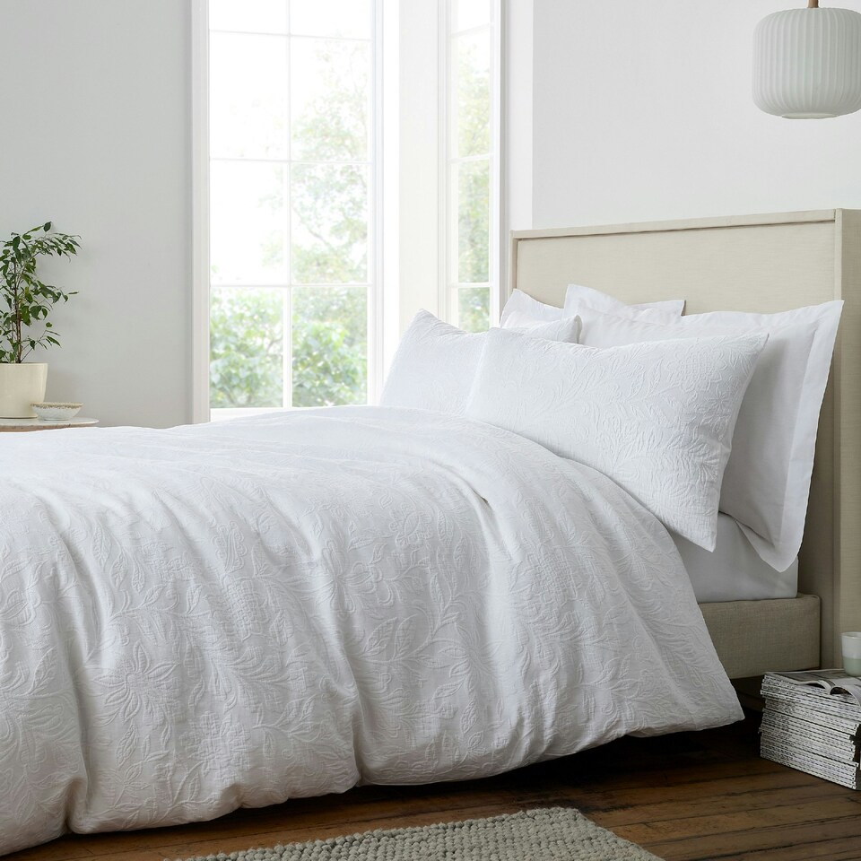 image 1 of Bianca Fleur Matelassé Jacquard 200 Thread Count Cotton Duvet Cover Set White | White | Single
