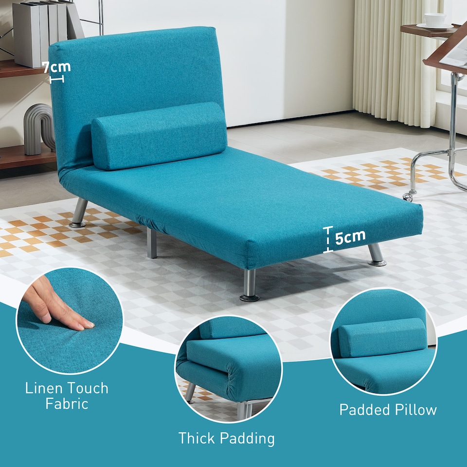 image 1 of HOMCOM Convertible Chair Bed, 3-in-1 Velvet Sleeper Chair with Adjustable Backrest, Pillow, for Living Room, Bedroom, Dark Blue | Blue | One Size