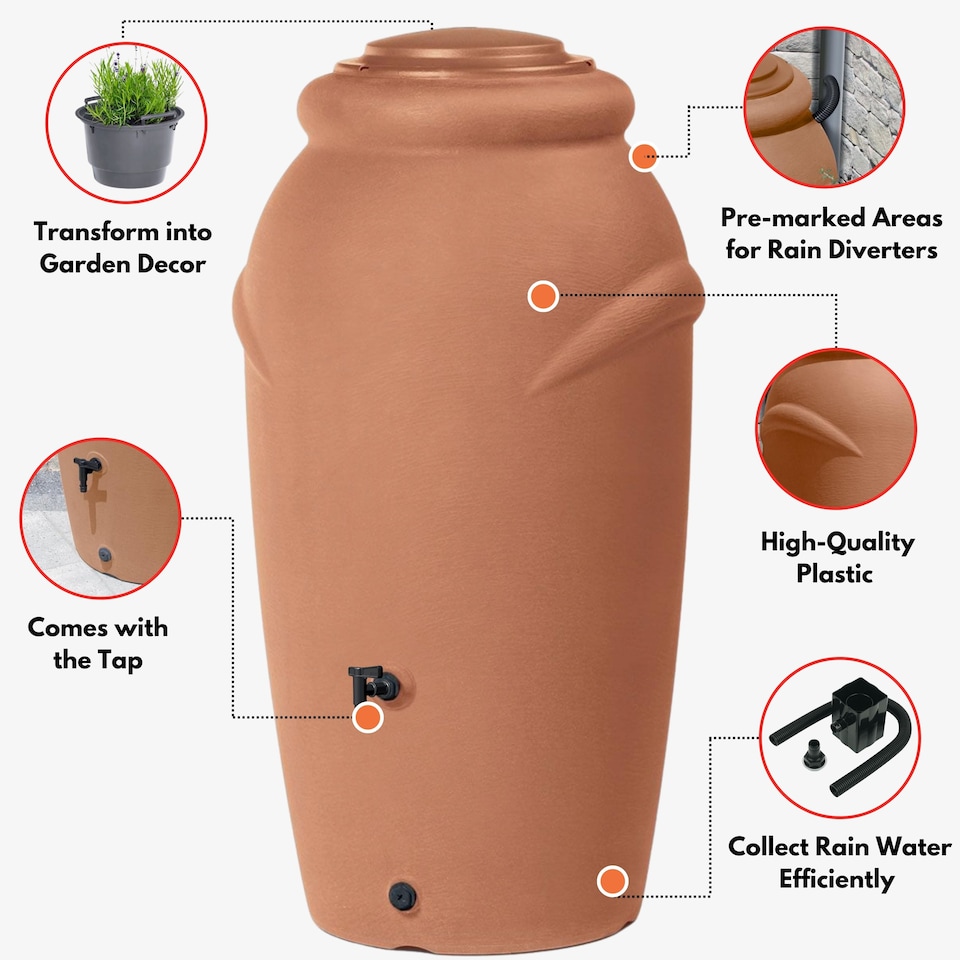 image 1 of Water Butt Kit with Tap, Diverter & Bio Cleaner –  Rainwater Collector for Garden, Balcony & Terrace – Durable Plastic Water Storage Tank | Brown | 210L