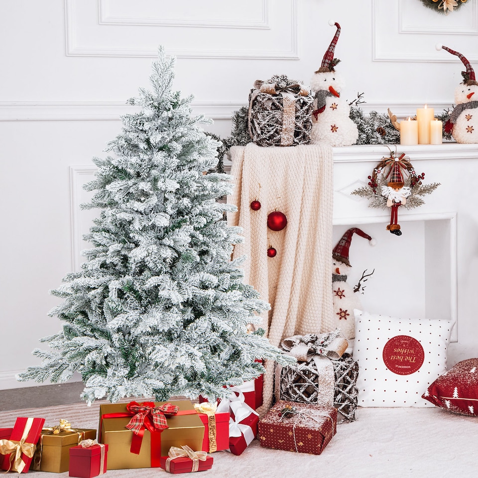 image 1 of COSTWAY 4.5FT Pre-lit Artificial Christmas Tree Hinged Flocked Xmas Tree with LED Lights