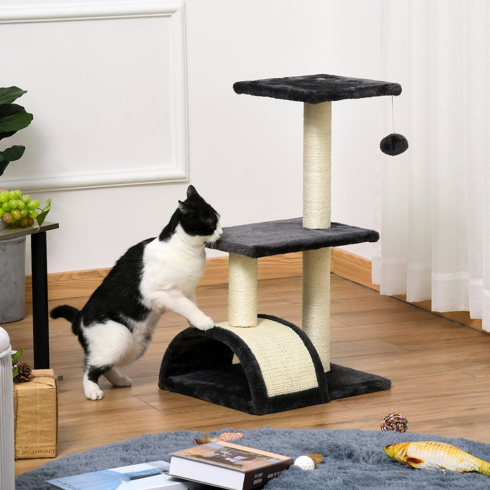 image 1 of PawHut Cat Tree Tower with Sisal Scratch Post, Arc Perch, 72cm, Black