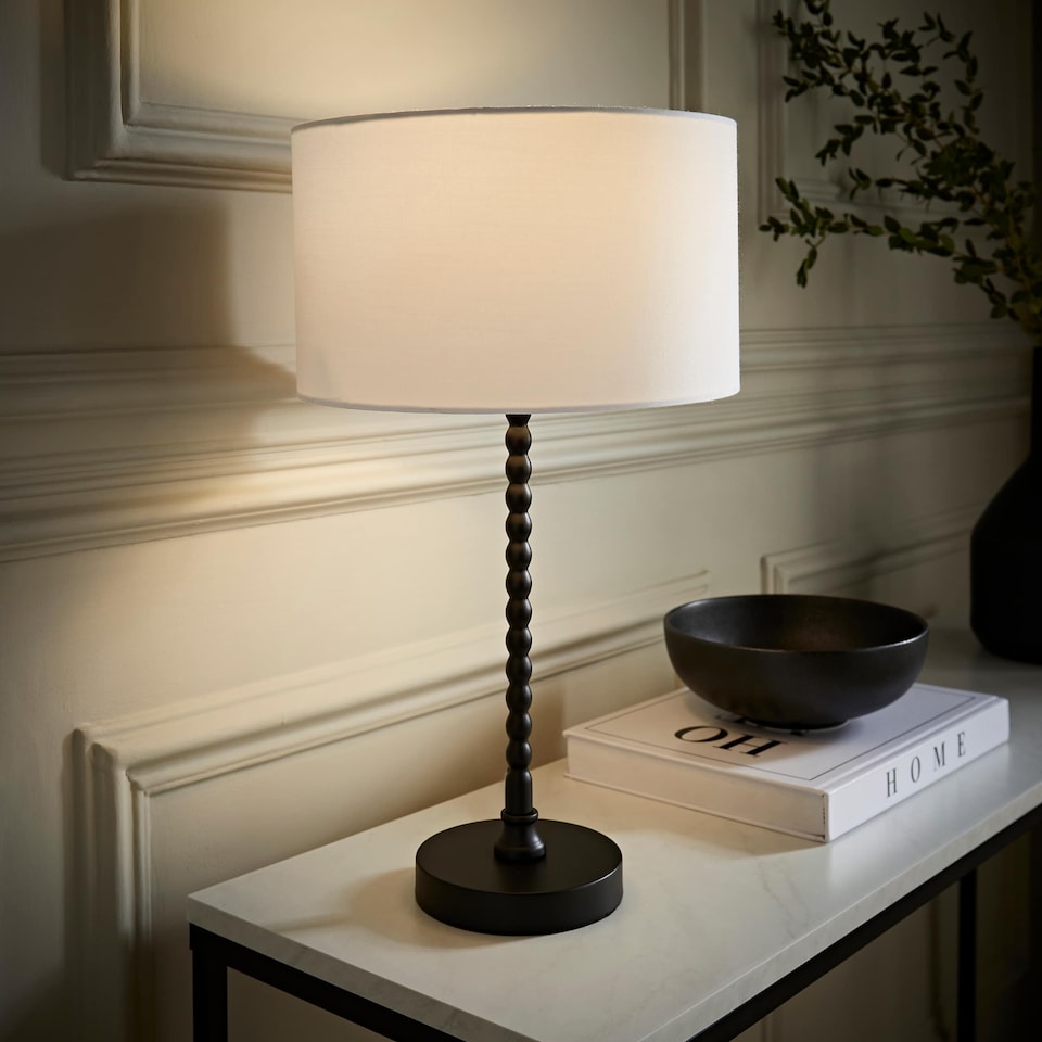 image 1 of ValueLights Maeve White Fabric Drum Lamp Shade Matte Black Bobbin Bobble Table Lamp | Black