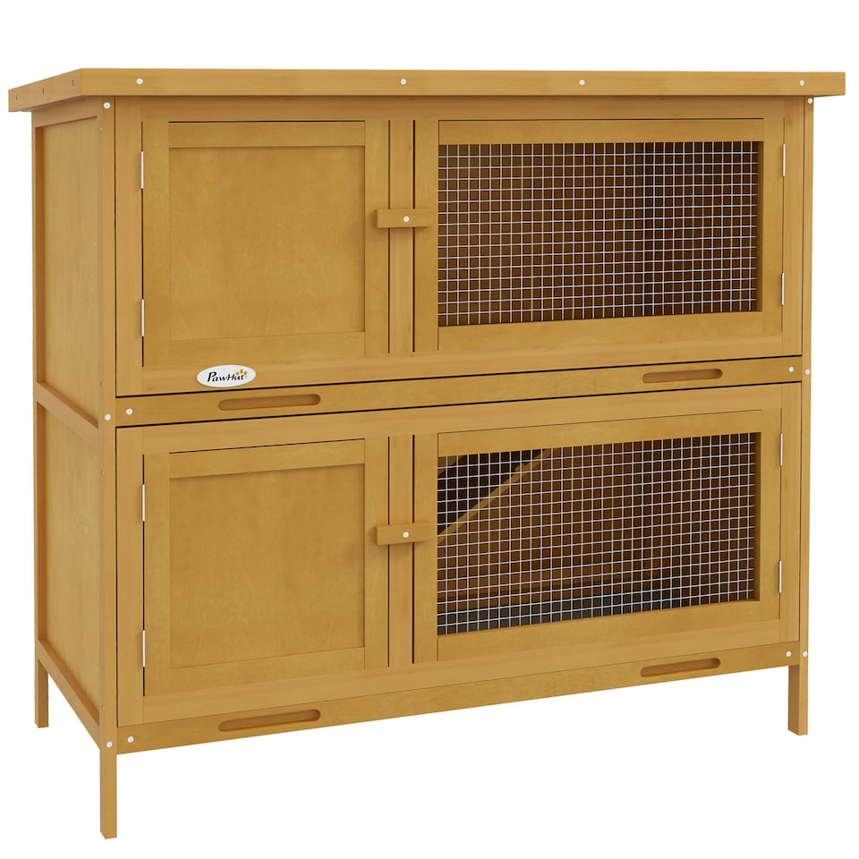 image 1 of PawHut Rabbit Hutch, Double Decker Cage w/ Roof, Divider, Ramp, Yellow