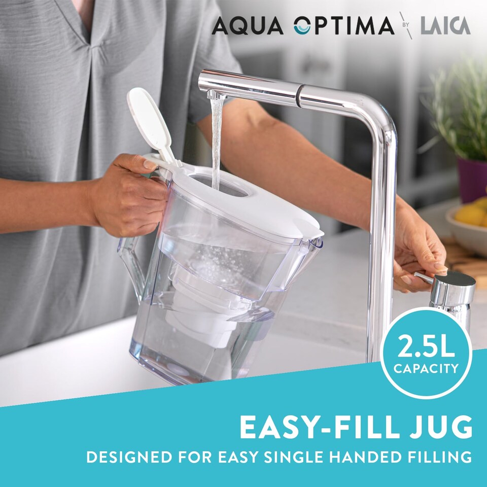image 1 of Aqua Optima Liscia Water Filter Jug & 6 Evolve Filter Cartridges 2.5L White - Fridge & Dishwasher Friendly, Easy Fill - Reduces Limescale, Chlorine & Other Impurities - By LAICA (Packaging May Vary)