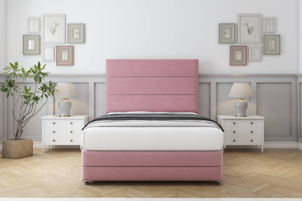 image 1 of Sloomy Monaco Pink Plush Divan Bed Base 2 Drawers Foot-End With 54 Inch Floor Standing Headboard & 12 Inch Matching Footboard | Pink | Pink | Small Double | 1