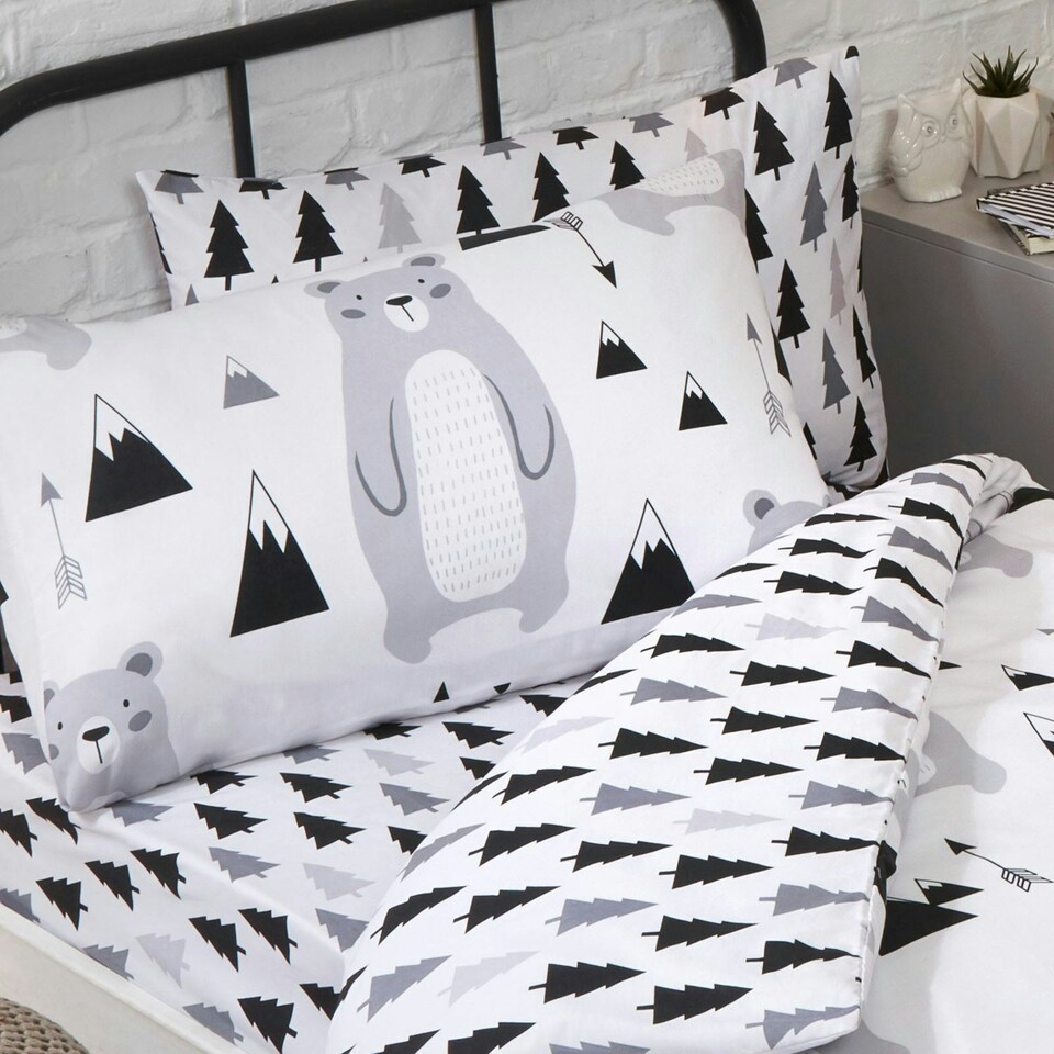 image 1 of Bedding & Beyond Scandi Bear Forest Fitted Sheet Set - Black/White/Grey - Single Black | Single