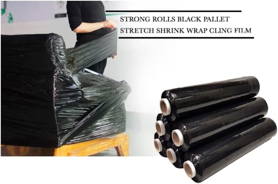 image 1 of 6 rolls, 400mm x 250m, Black pallet wrap, Ideal for moving/storage.
