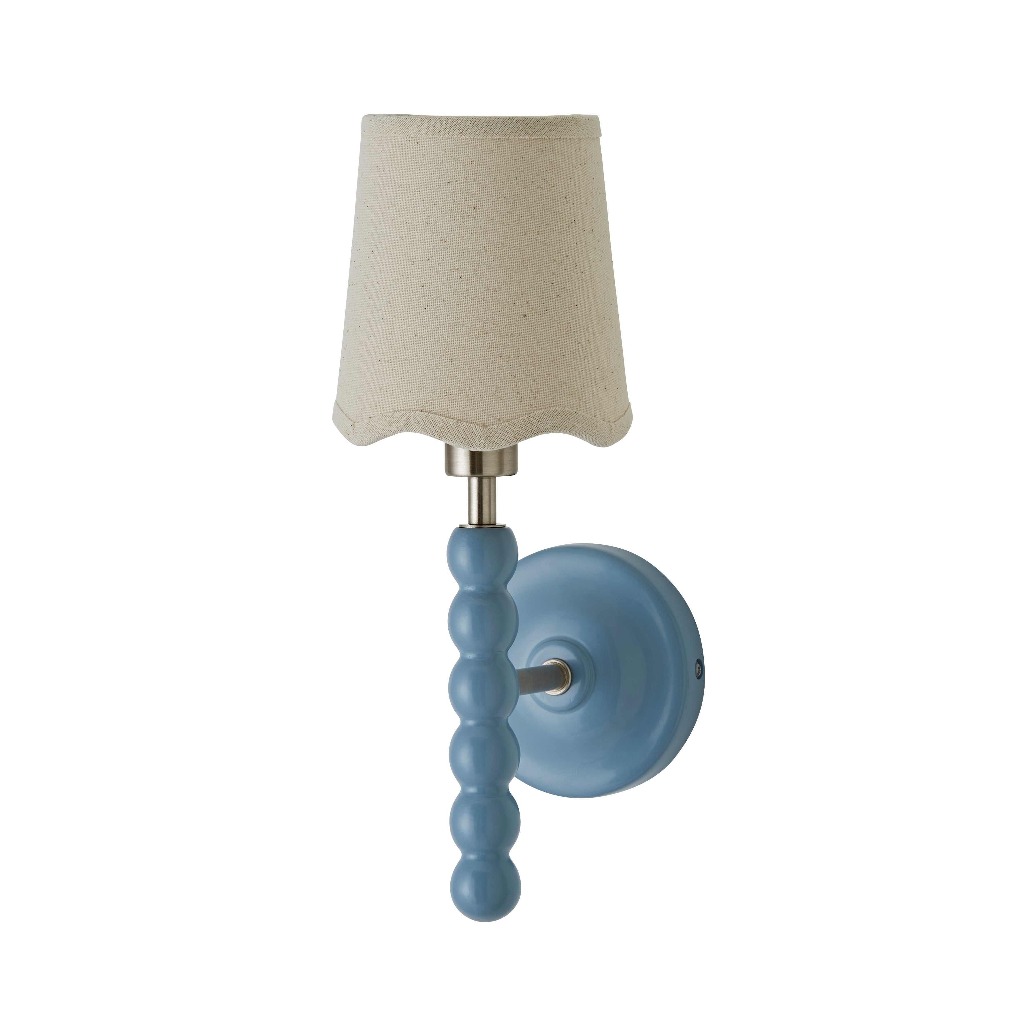 ValueLights Bobbins Pastel Bobble Wall Light & Natural Linen Lamp Shade & Bulb in Pale Blue