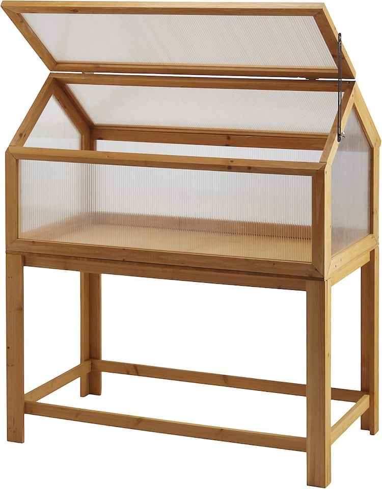 image 1 of Raised Wooden Cold Frame, Greenhouse, Polycarbonate Storage for Garden Vegetables & Plants