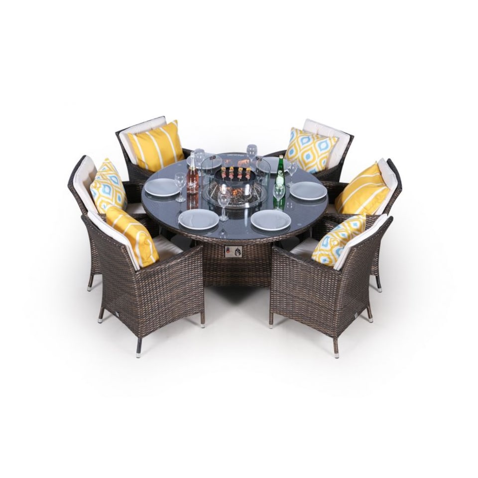 image 1 of Savannah Fire Pit 6 Seater Round Rattan Dining Set | Brown | Brown