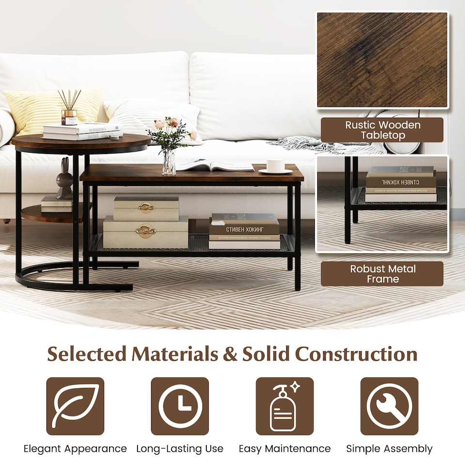image 1 of COSTWAY Set of 2 Table Set Nesting Coffee Table Brown