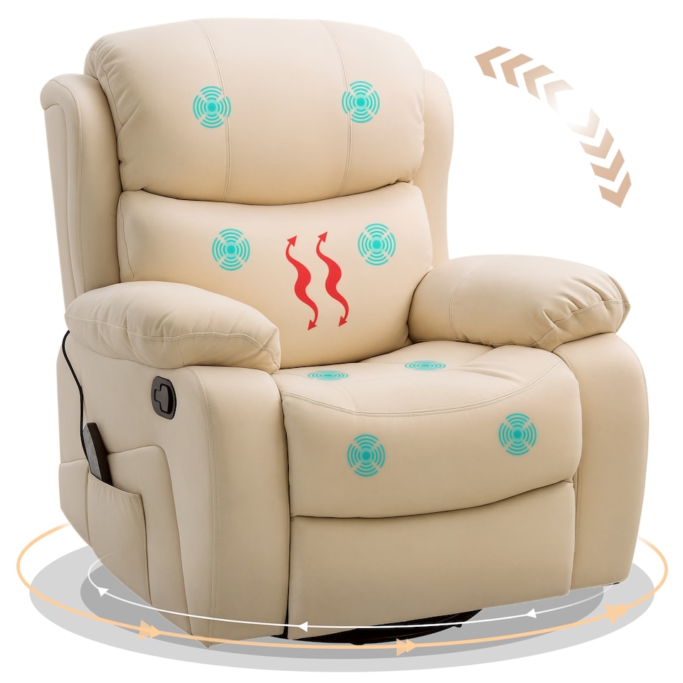 image 1 of HOMCOM PU Leather Massage Recliner Chair with 8 Points and Heat, Manual Reclining Chair with Swivel Base, Footrest and Remote, Rocking Armchair, Beige