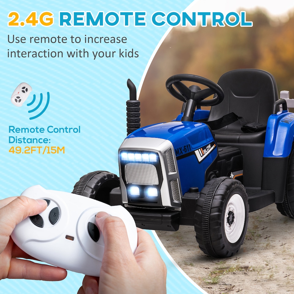 image 1 of HOMCOM Kids Electric Car, 12V Electric Ride on Tractor and Trailer with Detachable Trailer Remote Control, USB, Horn, Lights, Start-Up Sound, for Ages 3-6 Years, Blue