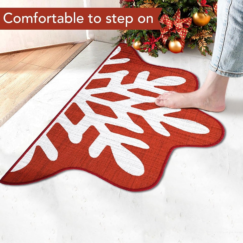 image 1 of London Boutique Christmas Doormat with Half-Cut Snowflake Design, Non-Slip Washable Entrance Mat, Red, 50 x 80 cm