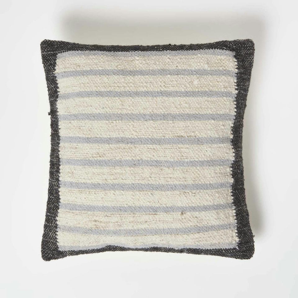 image 1 of Homescapes Veria Handwoven Grey Stripe Kilim Cushion - 45 x 45 cm | Grey | Cream, Grey | 1