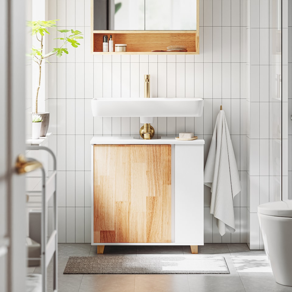 image 1 of SoBuy Bathroom Under Sink Cabinet with Siphon Cut-Out, 1 Door & 2 Open Shelves, White/Natural Wood, 23.2x11.4x23.6 in, 12.6 kg - BZR75-W
