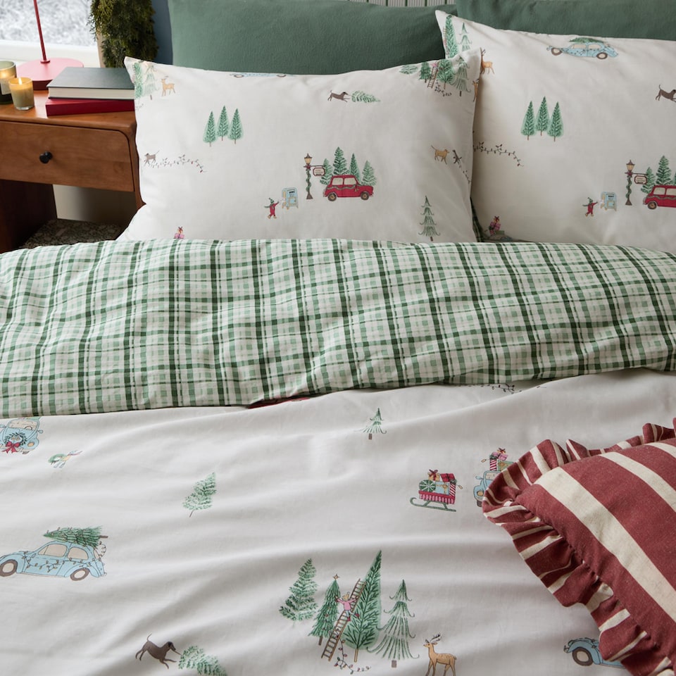 image 1 of Wylder Christmas Tree Lane 100% Cotton Duvet Cover Set, Natural/Sage, Double