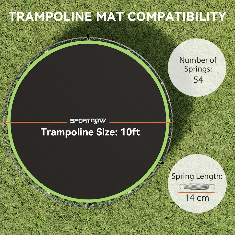 image 1 of SPORTNOW Trampoline Replacement Mat with Eight Rows of Stitching, Spring Pull Tool, 54 V-Hooks, for 10ft Trampoline, Using 14cm Springs, Trampoline Jumping Mat, Green | Green