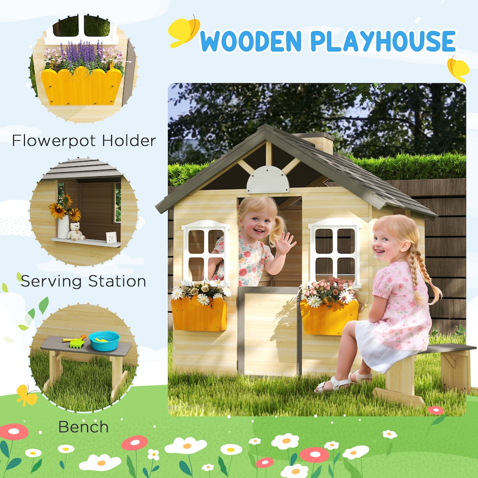 image 1 of Outsunny Wooden Kids Playhouse w/ Door, Windows, Bench, For Ages 3-7 Years