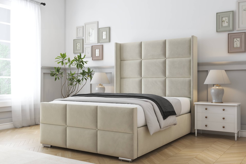 image 1 of Sloomy Beaumont Cream Plush Bed Frame With 50"  Upholstered Wingback Headboard 4' Small Double