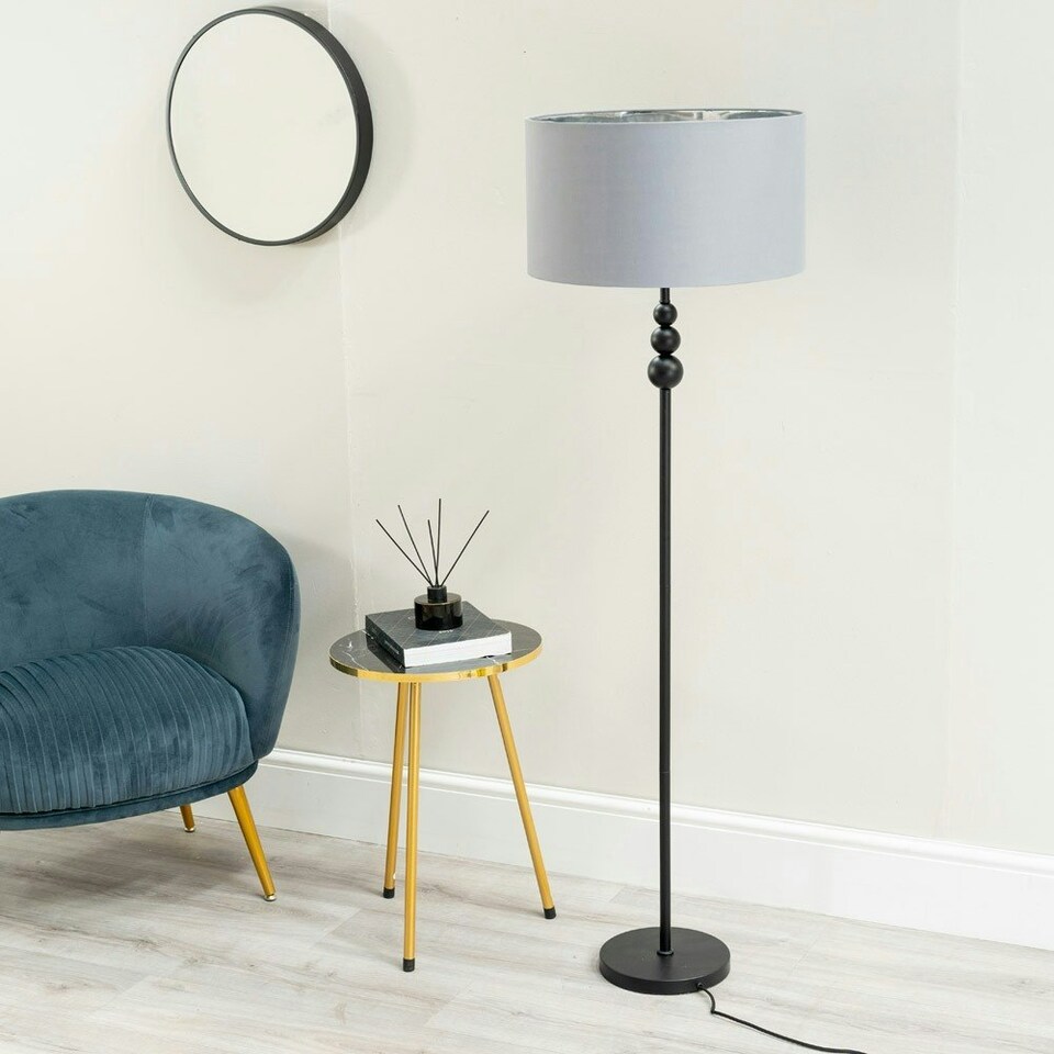 image 1 of ValueLights Marissa Grey and Metallic Chrome Shade with Black Stacked Ball Floor Lamp