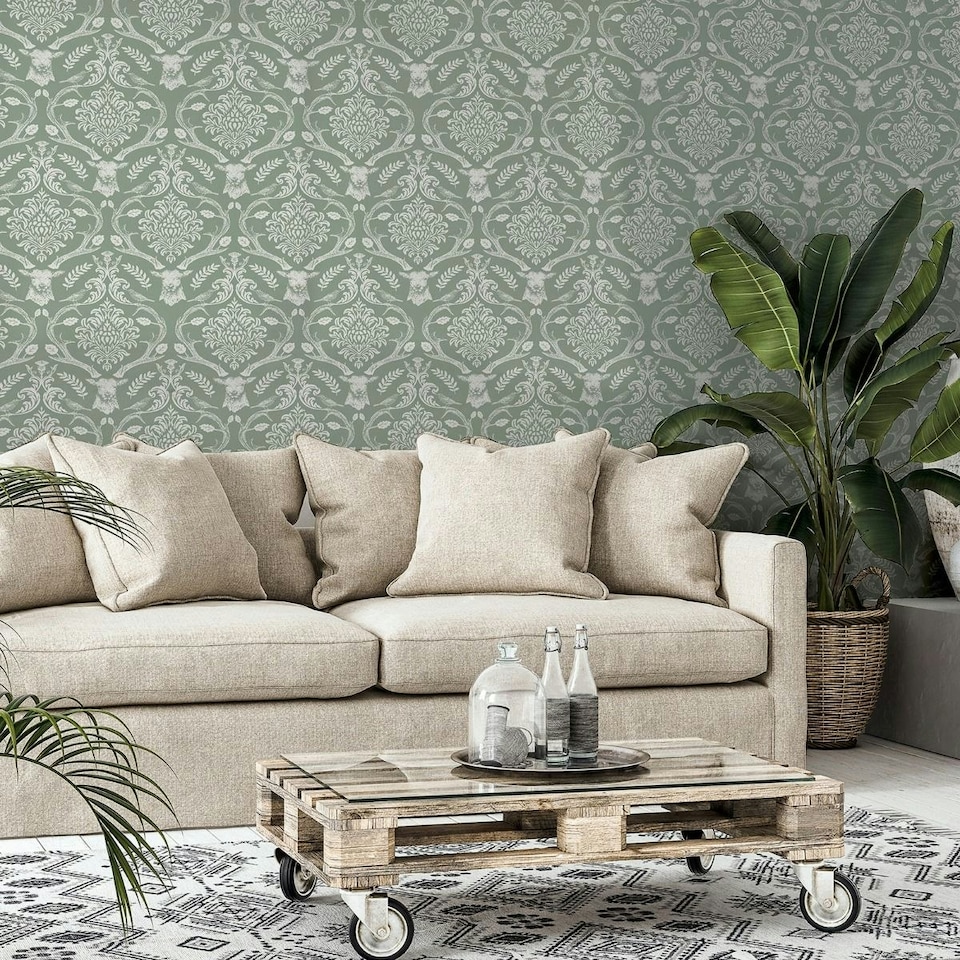 image 1 of Arthouse Stag Damask Wallpaper - Sage Green - 10m x 0.5m | Green