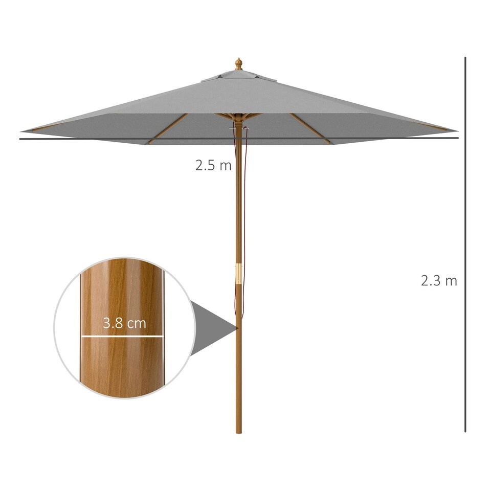 image 1 of Outsunny 2.5m Wood Garden Parasol Sun Shade Wooden Umbrella Canopy Grey | Light Grey