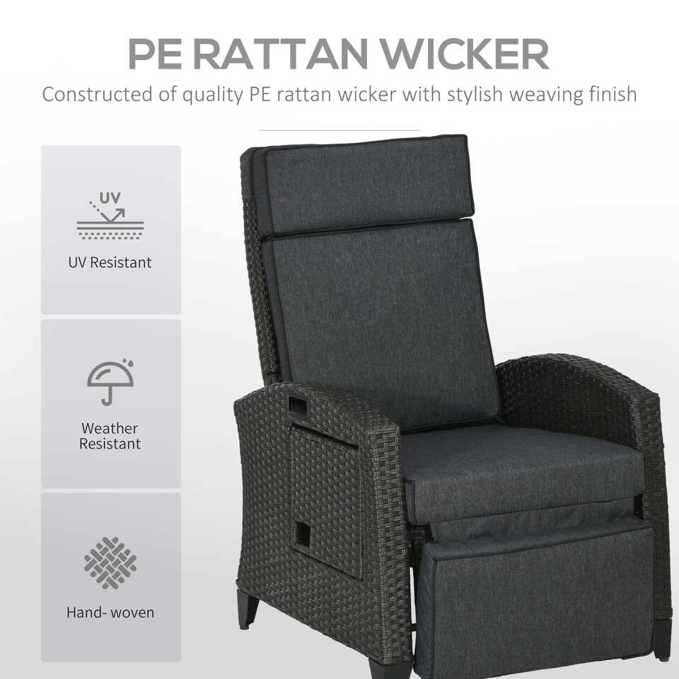 image 1 of Outsunny Garden Recliner w/ Cushion, Reclining Rattan Chair, Dark Grey/Brown