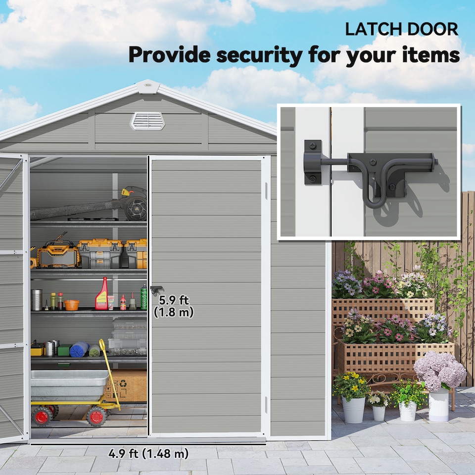 image 1 of Outsunny 8 x 6ft Plastic Garden Storage Shed with Foundation Kit, Polypropylene Outdoor Storage Tool House with Ventilation Slots and Lockable Door, Light Grey | Grey | 1
