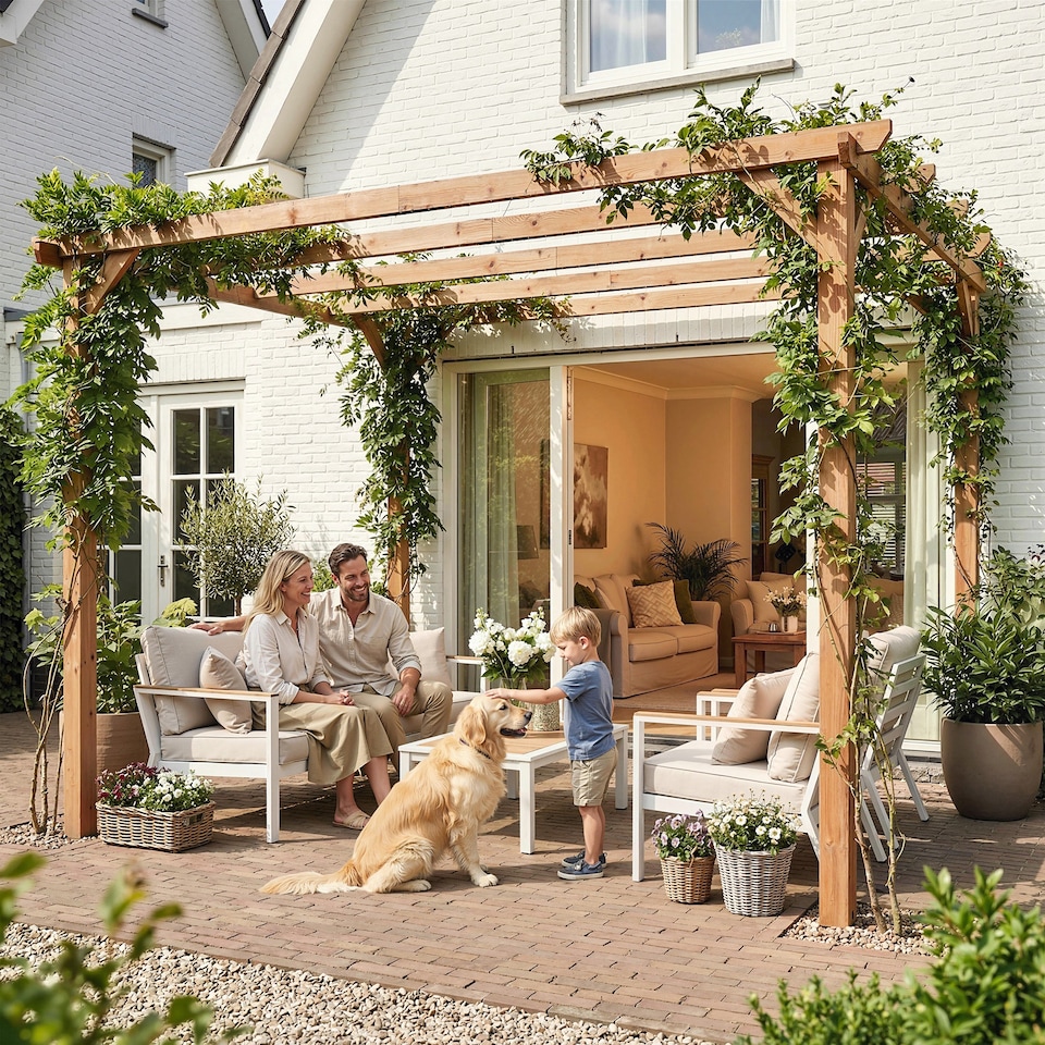 image 1 of Outsunny 3x3 m Garden Wooden Pergola Gazebo Grape Trellis, Maple Wood-effect | Brown | Maple wood-effect
