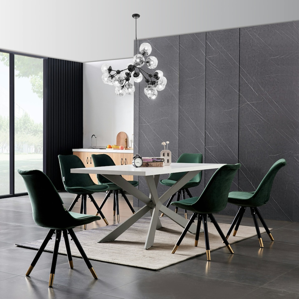 image 1 of Set of 6 Sofia Ergonomic Modern Dining Chairs Upholstered in Velvet, Metal Legs with Gold End Tips Green