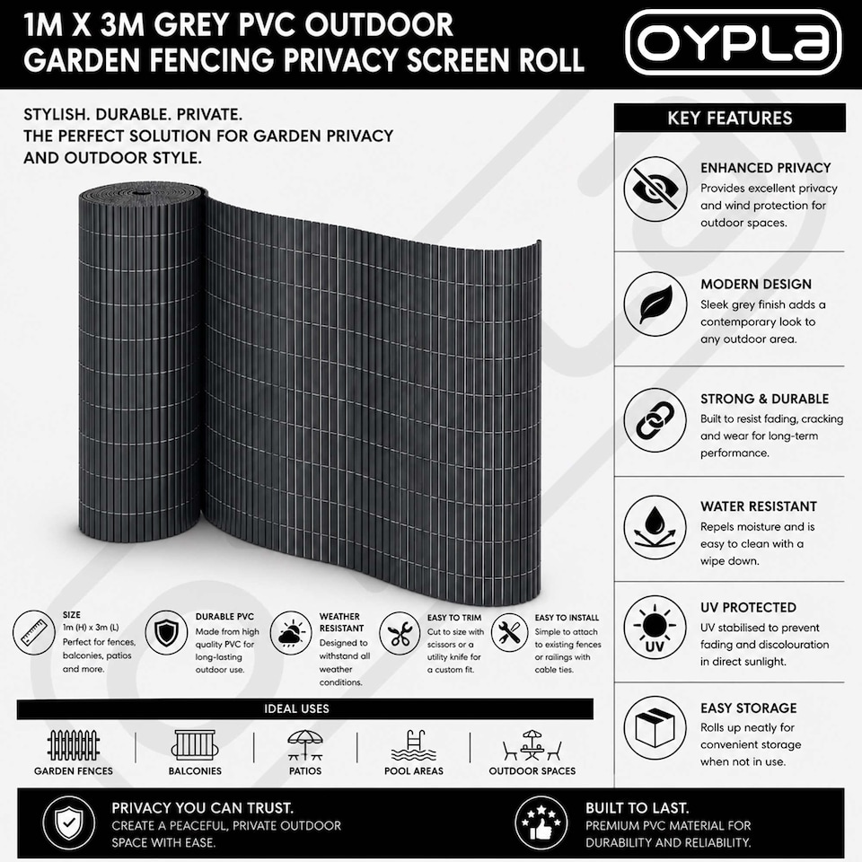 image 1 of 1m x 3m Grey PVC Outdoor Garden Fencing Privacy Screen Roll | Grey | 1