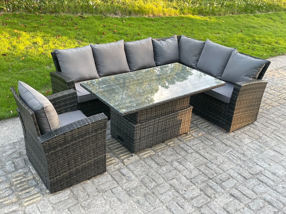 image 1 of Fimous High Back PE Rattan Corner Sofa Set Garden Furniture Adjustable Rising Lifting Table Set With Armchair